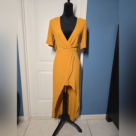 Reformation Westport Dress Sz 2 Mustard High Low Mini Front Midi Back Keyhole - Picture 2 of 13